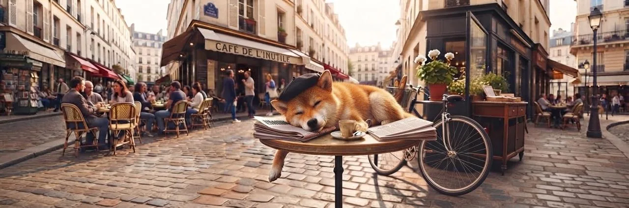 A Shiba Inu in a black beret asleep on a Paris cafe table, beside an espresso and a folded newspaper, under an awning reading Cafe de l'Inutile.