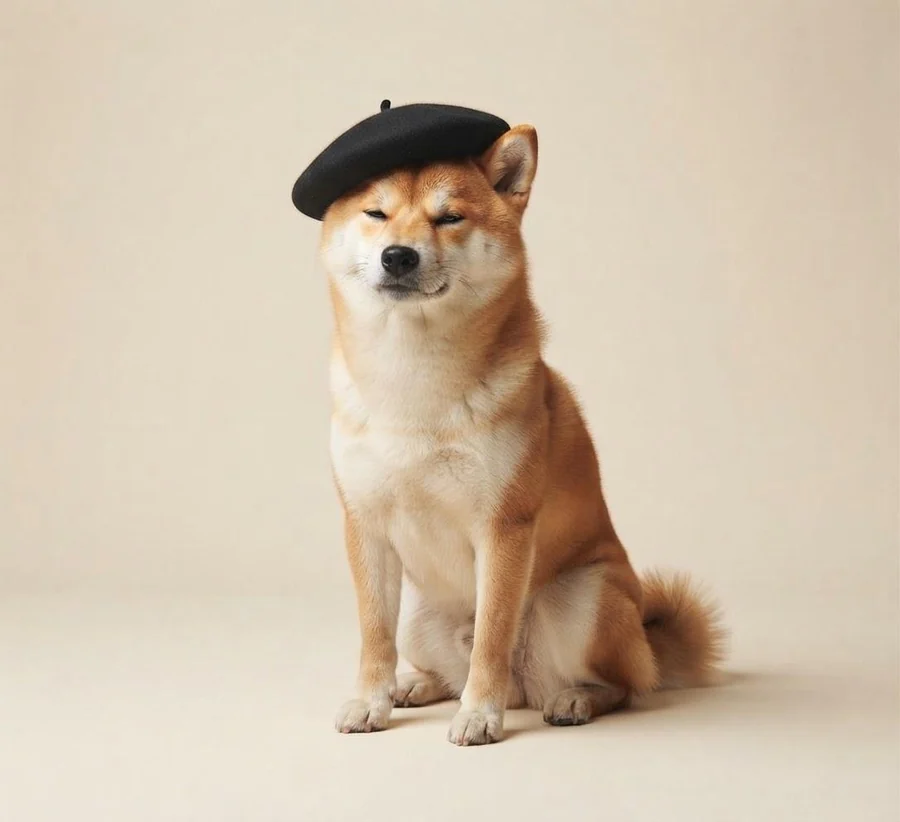 Studio portrait of a Shiba Inu wearing a black beret, seated on a cream background.